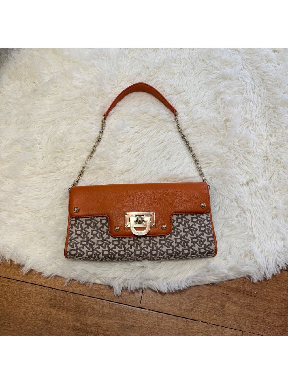 DKNY Monogram Shoulder Bag‎ Vintage Y2K Orange Leather Trim Small Purse Womens